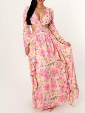 LONG SLEEVE PINK FLORAL MAXI DRESS WITH RUFFLES AND CUTOUT